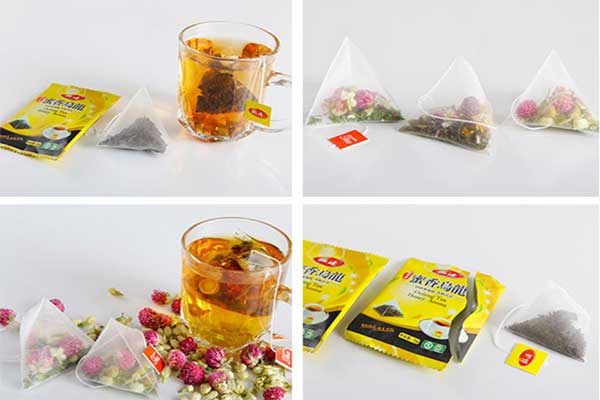 內(nèi)外袋茶葉包裝機(jī)可采用復(fù)合膜、過濾紙、無紡布等薄膜制袋